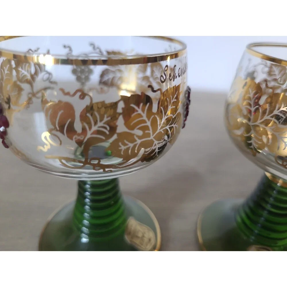 Set 2 Wittig Romer German Green Beehive Stem Gold Grapevine Cordial Glasses 4”